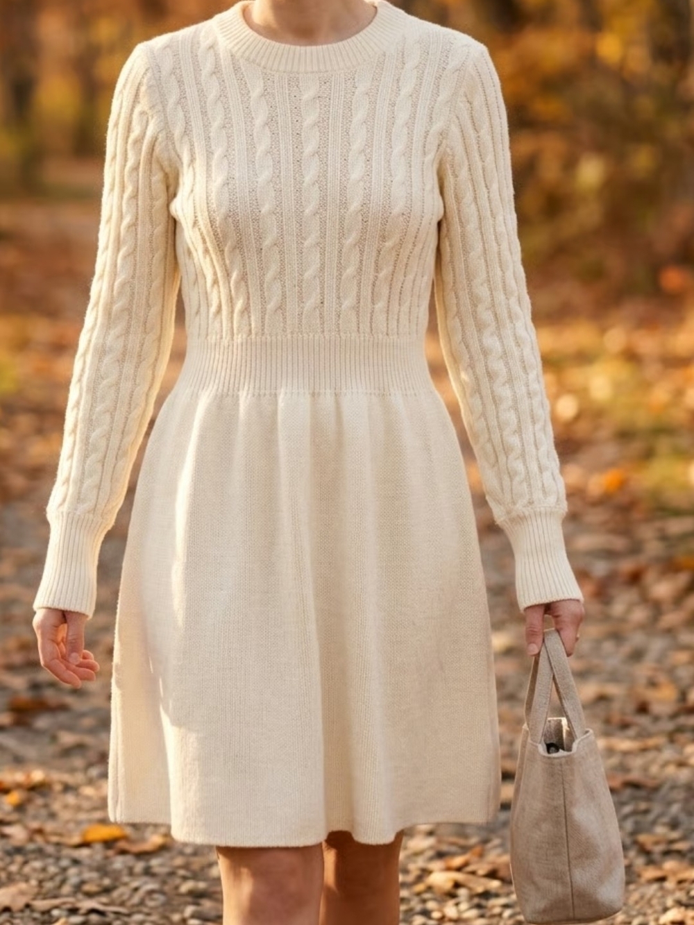 Cream Cable-Knit Fit-and-Flare Mini Dress